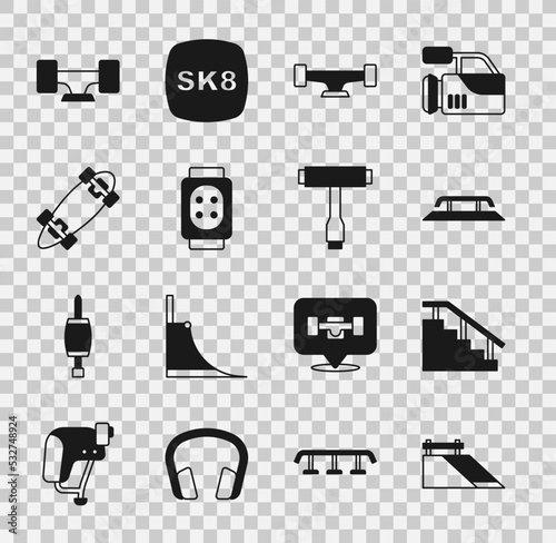 Set Skate park, Skateboard stairs with rail, wheel, Knee pads, Longboard or skateboard, and T tool icon. Vector