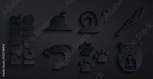 Set Paw print, Machete, Snake, Bear head, Snail and Tree stump icon. Vector