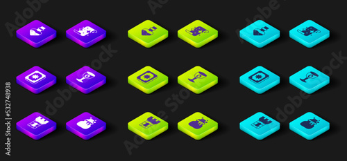 Set Castle tower, Witch cauldron, Tarot cards, Medieval goblet, Magic scroll and Bottle with potion icon. Vector