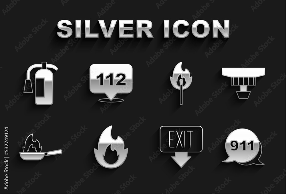 Set Fire flame, Smoke alarm system, Emergency call 911, exit, Pan with fire, Burning match, extinguisher and icon. Vector Set Fire flame, Smoke alarm system, Emergency call 911, exit, Pan with fire, Burning match, extinguisher and icon. Vector