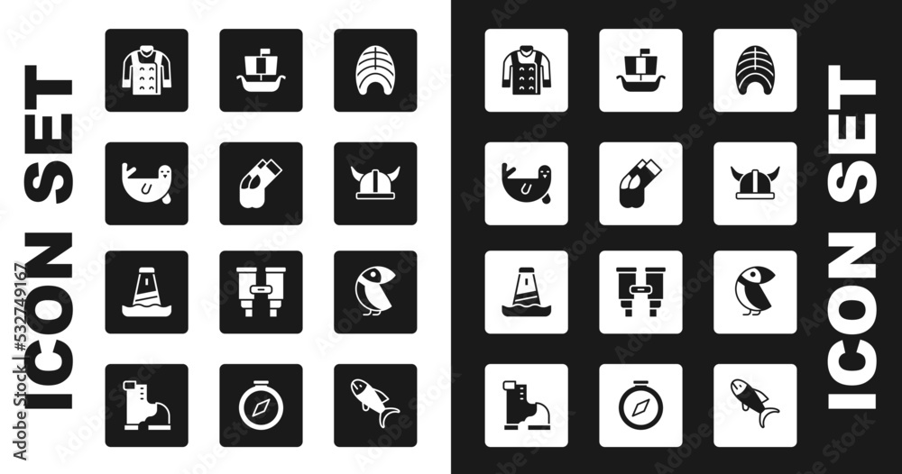 Set Fish steak, Socks, Fur seal animal, Sweater, Viking in horned helmet, ship Drakkar, Albatross and Lighthouse icon. Vector