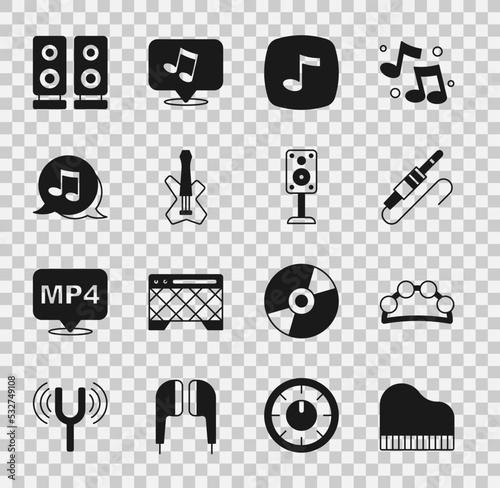 Set Grand piano, Tambourine, Audio jack, Music note, tone, Electric bass guitar, Stereo speaker and icon. Vector