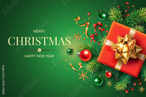 Horizontal banner with gold and red Christmas symbols and text. Christmas tree, gifts, golden tinsel confetti and snowflakes on green background. Header for website template.