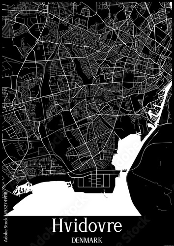 Black and White city map poster of Hvidovre Denmark.