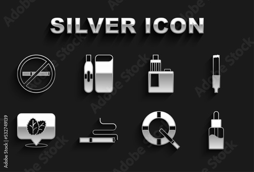 Set Cigarette, Vape liquid bottle, Ashtray with cigarette, Tobacco leaf, mod device, No smoking and Electronic icon. Vector