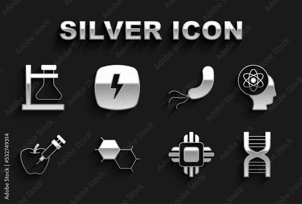 Set Chemical formula, Atom, DNA symbol, Processor CPU, Genetically modified apple, Bacteria, Test tube flask on stand and Lightning bolt icon. Vector