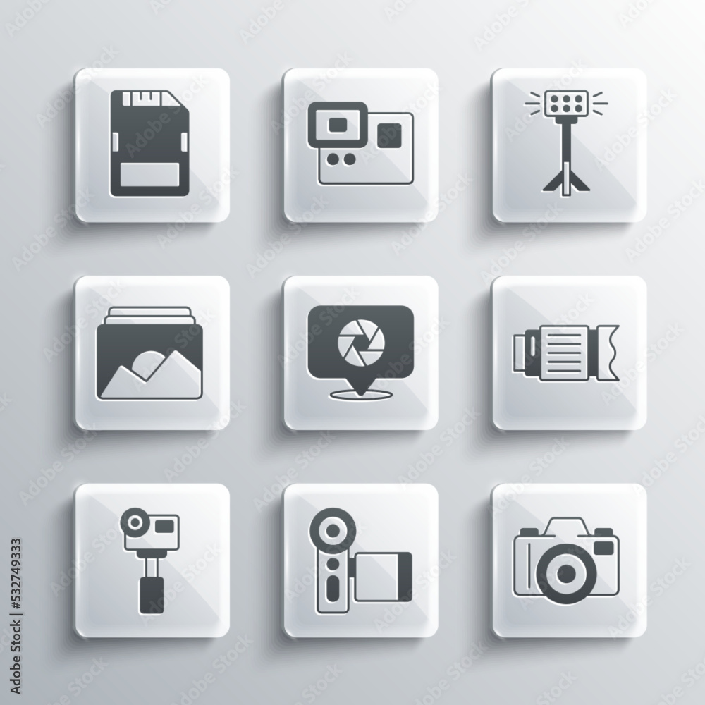 Set Cinema camera, Photo, Camera photo lens, shutter, Action extreme, frame, SD card and Studio light bulb softbox icon. Vector Set Cinema camera, Photo, Camera photo lens, shutter, Action extreme, frame, SD card and Studio light bulb softbox icon. Vector