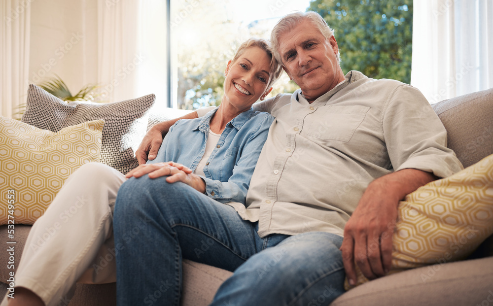 Happy, relax and senior couple love to enjoy quality time, retirement and weekend at home together. Smile, portrait and elderly woman and old man on sofa in peace, happiness and in a healthy marriage Happy, relax and senior couple love to enjoy quality time, retirement and weekend at home together. Smile, portrait and elderly woman and old man on sofa in peace, happiness and in a healthy marriage
