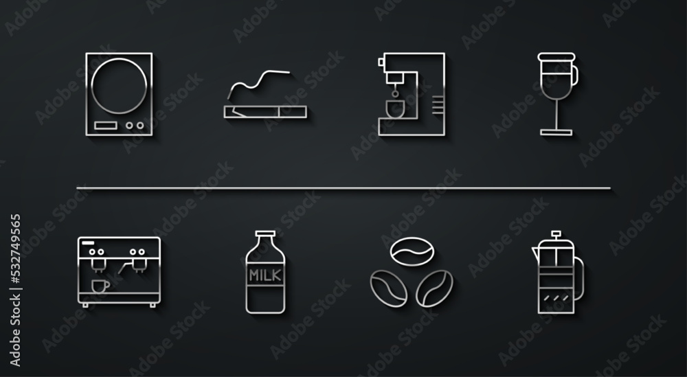 Set line Electronic scales, Coffee machine, Irish coffee, beans, Bottle with milk, Cigarette, French press and icon. Vector Set line Electronic scales, Coffee machine, Irish coffee, beans, Bottle with milk, Cigarette, French press and icon. Vector