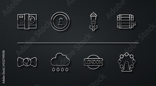 Set line Pound sterling money, Bow tie, Wooden barrel, London sign, Cloud with rain, Coin pound, eye and Vintage street light icon. Vector