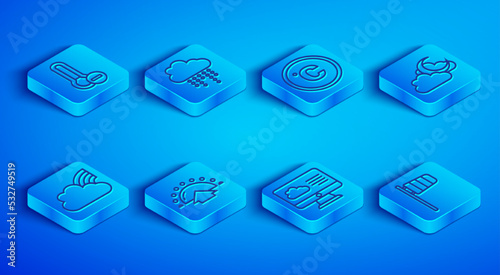 Set line Meteorology thermometer, Cloud with rain, Celsius, Sunrise, Weather forecast, moon, Rainbow clouds and Cone windsock wind vane icon. Vector