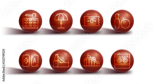 Set line Arcade game machine, Tarot cards, Bowling pin and ball, Roller coaster, Water slide, Sun protective umbrella, Shooting gallery and Ticket icon. Vector