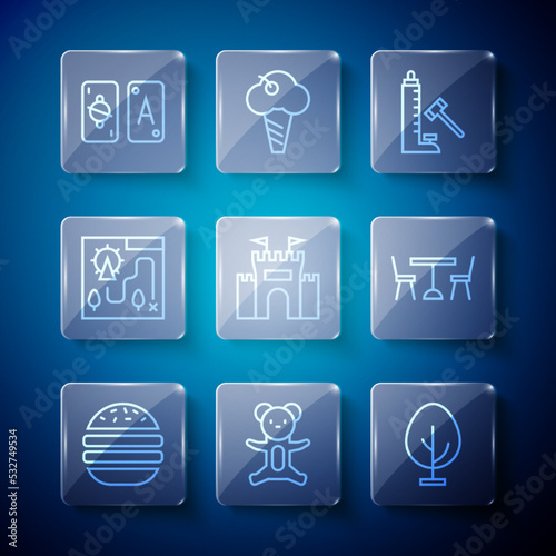Set line Burger, Teddy bear plush toy, Tree, Striker attraction with hammer, Castle, Amusement park map, Tarot cards and Picnic table chairs icon. Vector