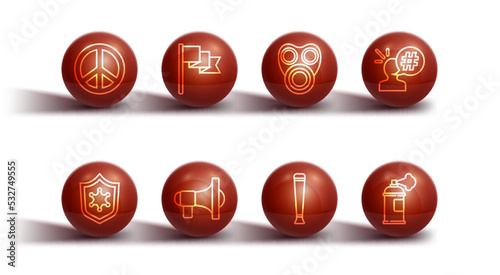 Set line Peace, Police badge, Protest, rubber baton, Megaphone, Location marker, Paint spray can and Gas mask icon. Vector