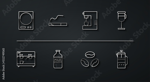 Set line Electronic scales, Coffee machine, Irish coffee, beans, Bottle with milk, Cigarette, French press and icon. Vector
