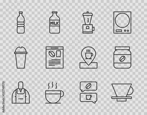 Set line Barista, V60 coffee maker, Electric grinder, Coffee cup, Bottle water, Newspaper and, conversation and jar bottle icon. Vector