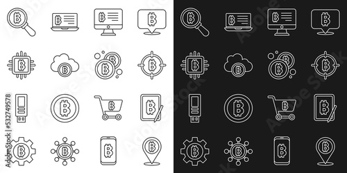 Set line Bitcoin, Mining bitcoin from tablet, the target, monitor, Cryptocurrency cloud mining, CPU farm, Magnifying glass with and icon. Vector