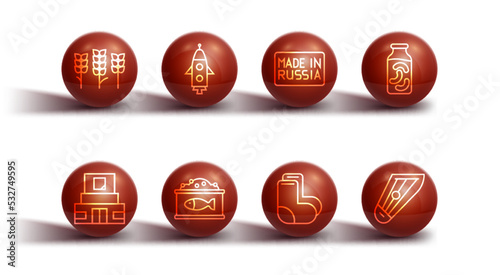 Set line Wheat, Mausoleum of Lenin, Pickled cucumbers jar, Valenki, Tin can with caviar, Rocket ship, Kankles and Made Russia icon. Vector
