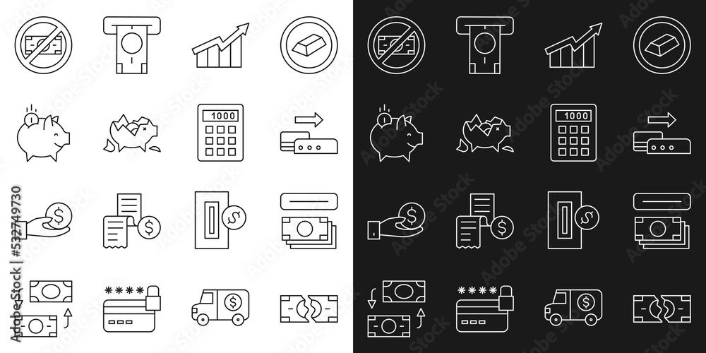 Set line Tearing money banknote, ATM and, Pos terminal, Financial growth increase, Broken piggy, Piggy with coin, No and Calculator icon. Vector