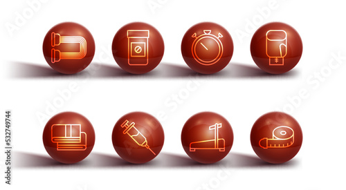 Set line Chest expander, Towel stack, Boxing glove, Treadmill machine, Doping syringe, Anabolic drugs, Tape measure and Stopwatch icon. Vector