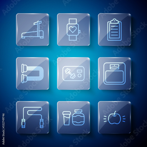 Set line Jump rope, Sports nutrition, Apple, training program, Fitness club, gym card, Chest expander, Treadmill machine and Bathroom scales icon. Vector © Kostiantyn