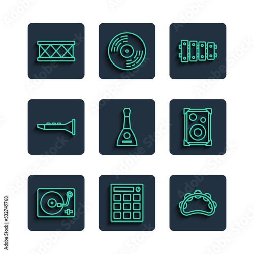 Set line Vinyl player with vinyl disk, Drum machine, Tambourine, Xylophone, Balalaika, Clarinet, and Stereo speaker icon. Vector