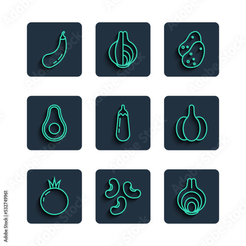 Set line Tomato, Beans, Onion, Potato, Eggplant, Avocado fruit, and Garlic icon. Vector