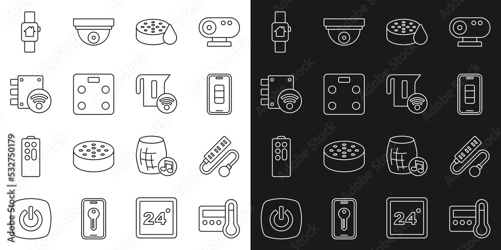 Set line Thermostat, Electric extension cord, Smartphone battery charge, Water sensor, bathroom scales, Digital door lock, home with smart watch and electric kettle icon. Vector
