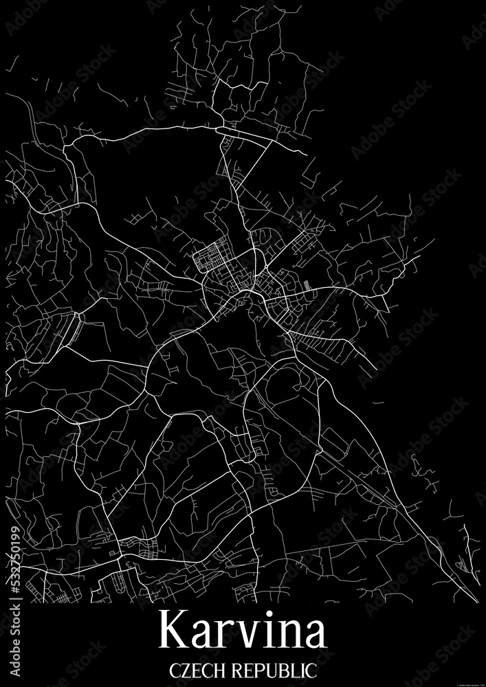 Black and White city map poster of Karvina Czech Republic.