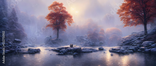 Artistic concept painting of a beautiful winter Landscape, background 3d illustration.