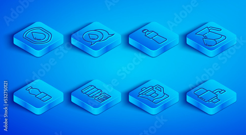 Set line Waterproof, drop with speech bubbles, Bottle water, cooler, jug filter, Jug glass, and Mechanical pump for icon. Vector