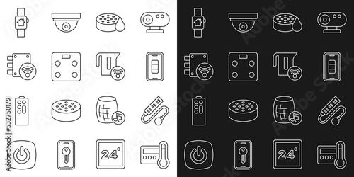 Set line Thermostat, Electric extension cord, Smartphone battery charge, Water sensor, bathroom scales, Digital door lock, home with smart watch and electric kettle icon. Vector