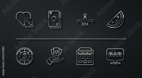 Set line Game dice, Casino chips, slot machine with watermelon, Slot jackpot, Hand holding playing cards, Playing spades, Alcohol bar location and Joker icon. Vector
