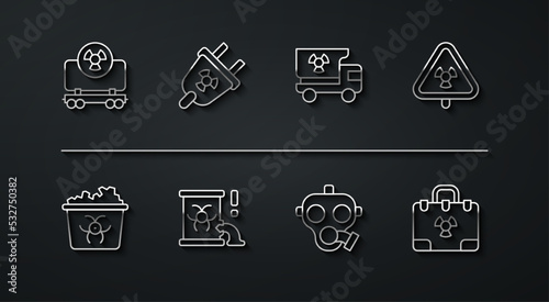 Set line Radioactive cargo train, Infectious waste, Triangle with radiation, Gas mask, barrel, Radiation electrical plug, nuclear suitcase and Truck materials icon. Vector