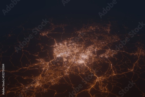 Aerial shot of Gwangju (Korea) at night, view from north. Imitation of satellite view on modern city with street lights and glow effect. 3d render