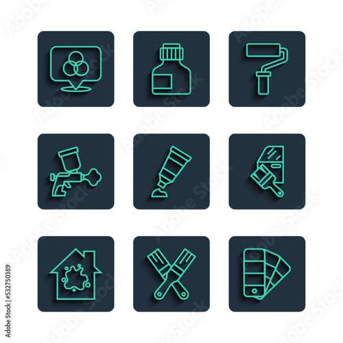 Set line Painting the house, brush, Color palette guide, roller, Tube with paint, spray gun, RGB and CMYK color mixing and Car painting icon. Vector