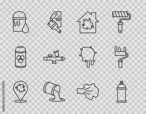 Set line Paint spray, can, Painting the house, bucket, gun, and roller brush icon. Vector