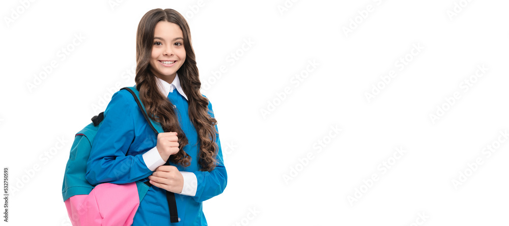happy face of teen girl with long curly hair hold school bag isolated on white. Portrait of school girl student, studio banner header. School child pupil face, copy space. happy face of teen girl with long curly hair hold school bag isolated on white. Portrait of school girl student, studio banner header. School child pupil face, copy space.
