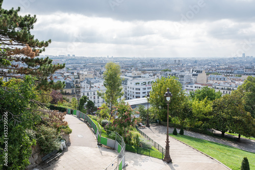 Monmartre skyline Paris view. Situated in the 18th arrondissement, view from the hill where famous basilica is, one of Paris most visited monuments