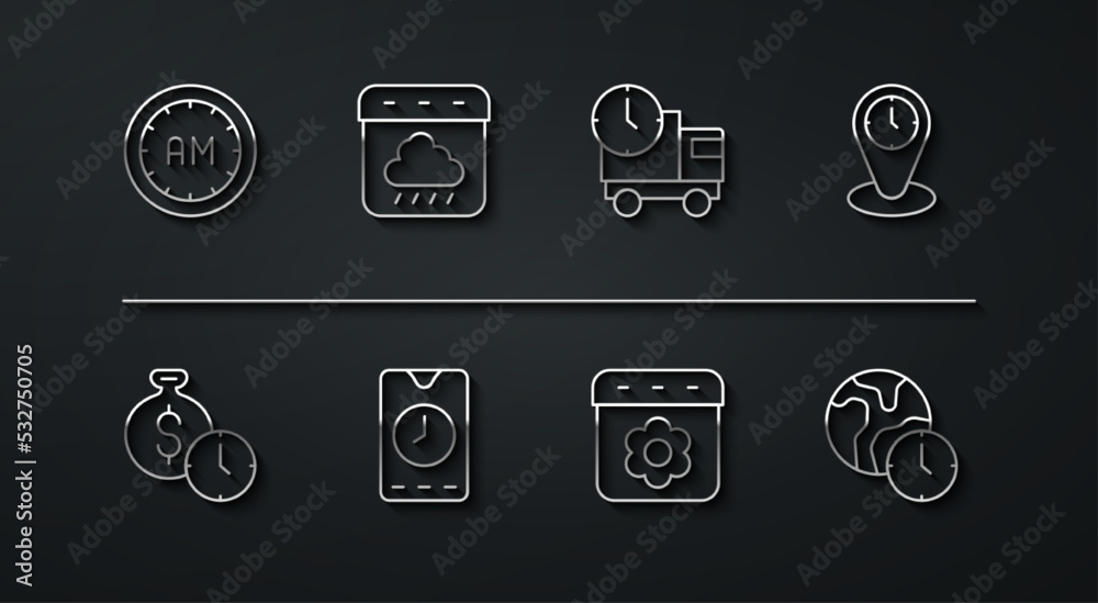 Set line Morning time, Time is money, zone clocks, Calendar spring, Alarm app mobile, autumn, World and Delivery truck and icon. Vector
