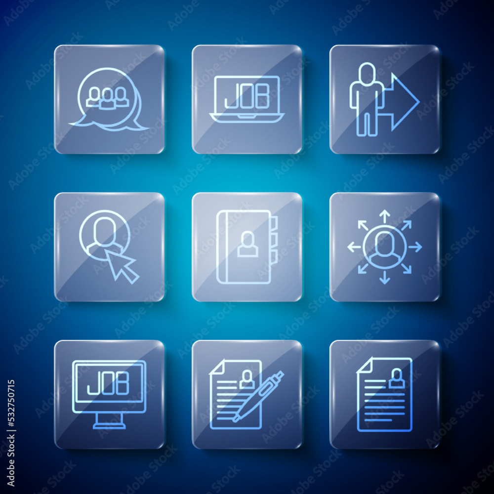 Set line Search job, Resume, Leader of team of executives, Worker, Project base and Multitasking manager working icon. Vector Set line Search job, Resume, Leader of team of executives, Worker, Project base and Multitasking manager working icon. Vector