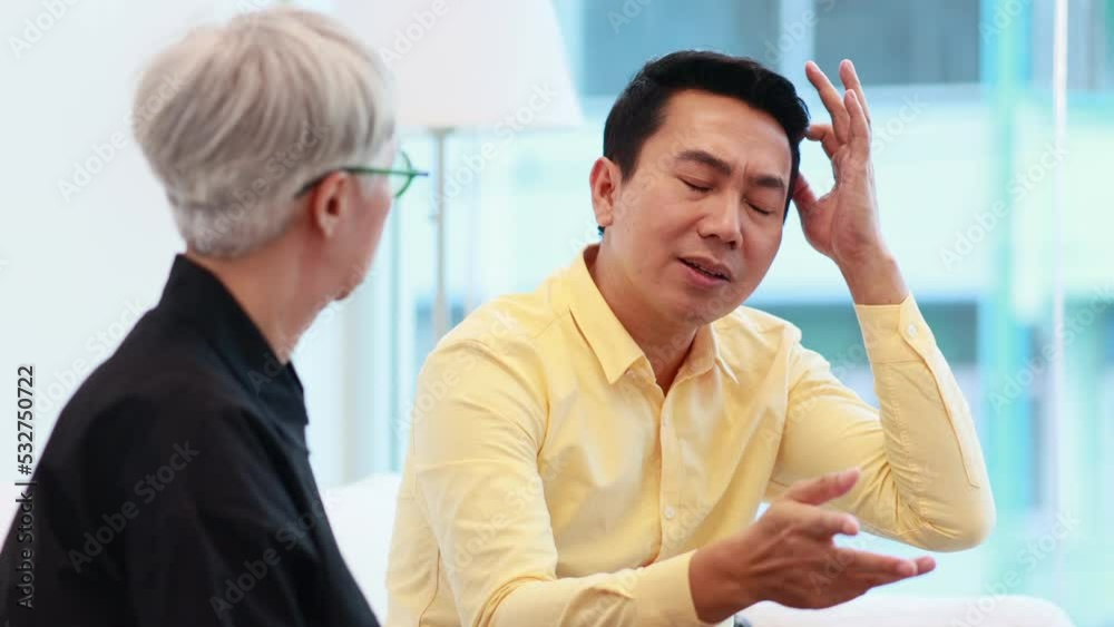 Senior business woman talking with male customer at modern office. Senior business woman talking with male customer at modern office.