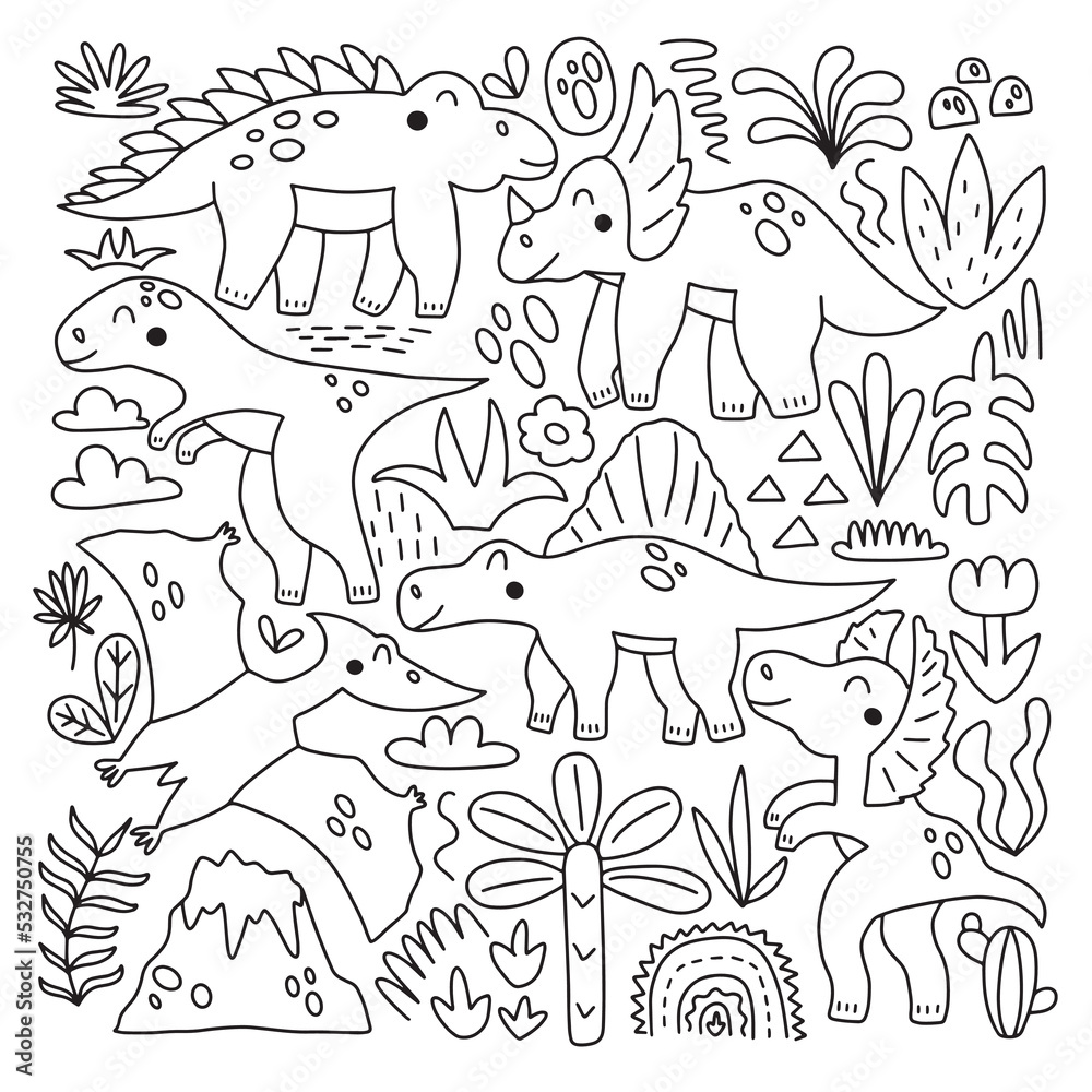Set of Dinosaurs in doodle style. Vector isolated on white background ideal for nursery decoration, holiday decor, posters and textiles.
