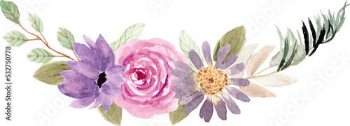 purple pink floral bouquet watercolor border