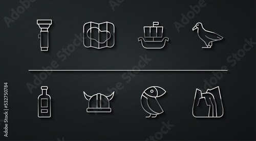 Set line Flashlight, Bottle of vodka, Albatross, Viking in horned helmet, Map Iceland, Waterfall and ship Drakkar icon. Vector