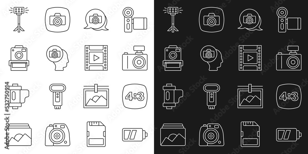 Set line Battery for camera, Photo frame 4, Studio light bulb in softbox and Camera film roll cartridge icon. Vector Set line Battery for camera, Photo frame 4, Studio light bulb in softbox and Camera film roll cartridge icon. Vector