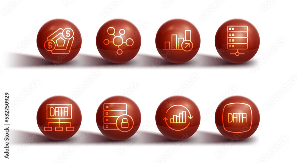 Set line Financial growth, Data analysis, Server, Pie chart infographic, security with padlock, Mind map, and icon. Vector Set line Financial growth, Data analysis, Server, Pie chart infographic, security with padlock, Mind map, and icon. Vector