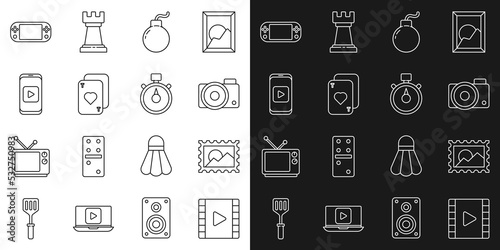 Set line Play Video, Postal stamp, Photo camera, Bomb ready explode, Playing cards, Online play video, Portable game console and Stopwatch icon. Vector