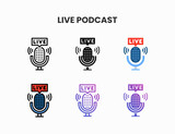 Live Podcast icon set with line, outline, glyph, filled line, flat color, line gradient and flat gradient. Can be used for digital product, presentation, print design and more.