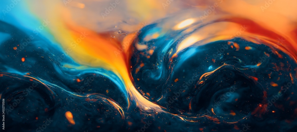 Leinwandbild Motiv - Blue Planet Studio : Spectacular image of blue and orange liquid ink churning together, with a realistic texture and great quality. Digital art 3D illustration.